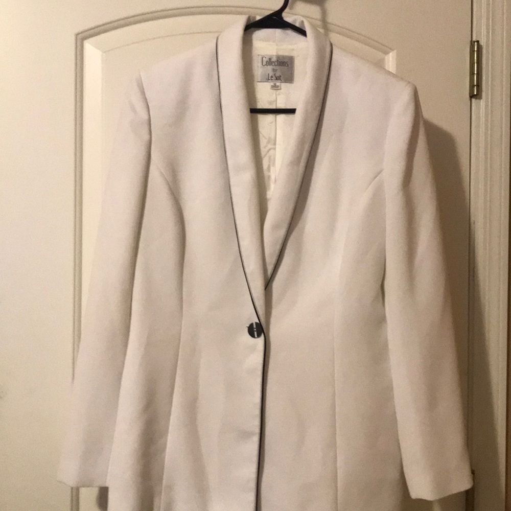 White with black lined suit jacket